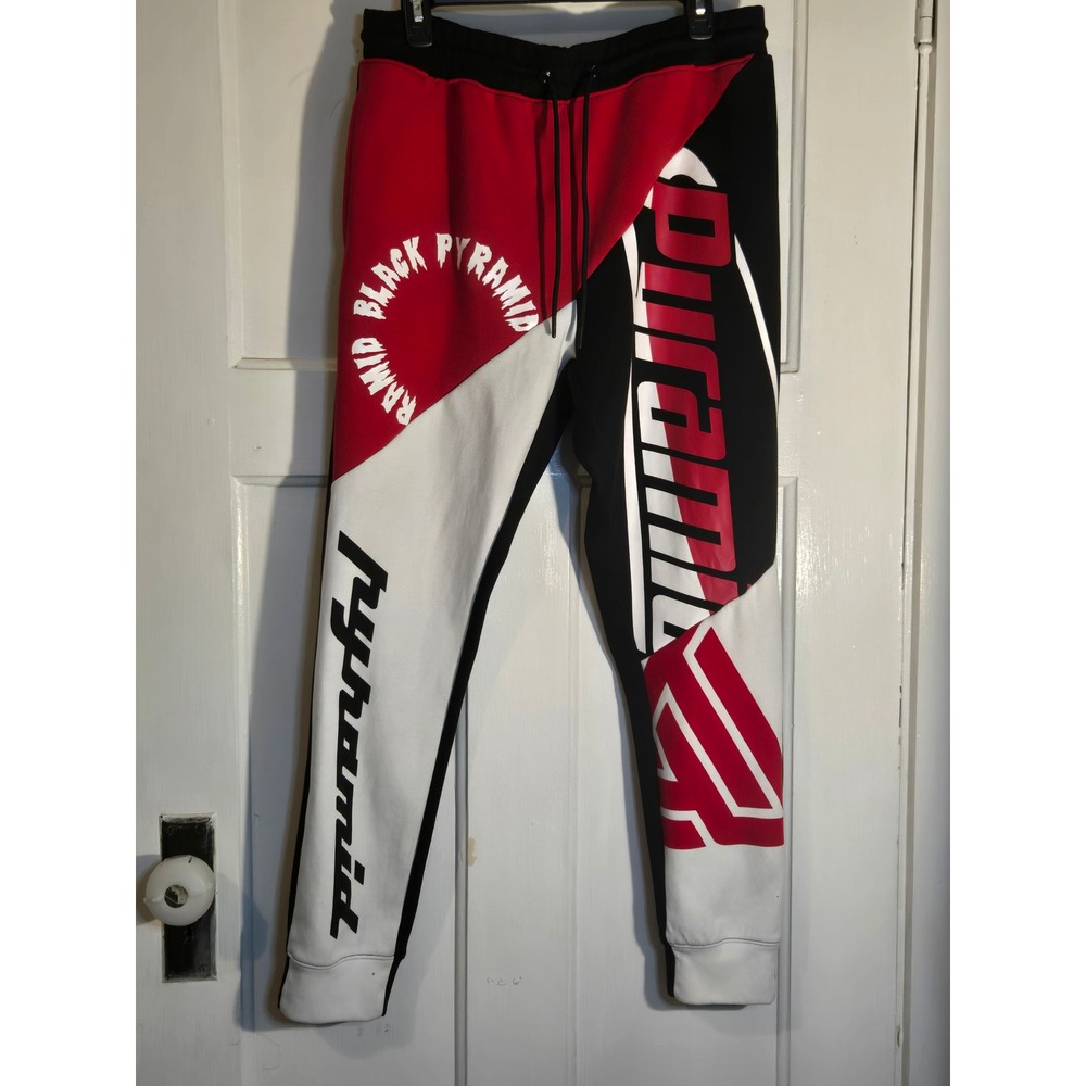 Black Pyramid Men Colorblock Graphic Jogger Sweatpant Red White Black Streetwear
